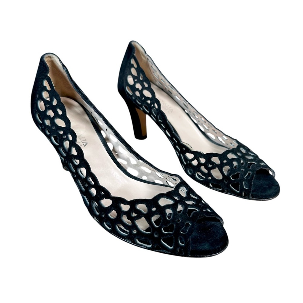 AQUATALIA Laser Cut Suede Peep Toe Heels - Picture 2 of 7